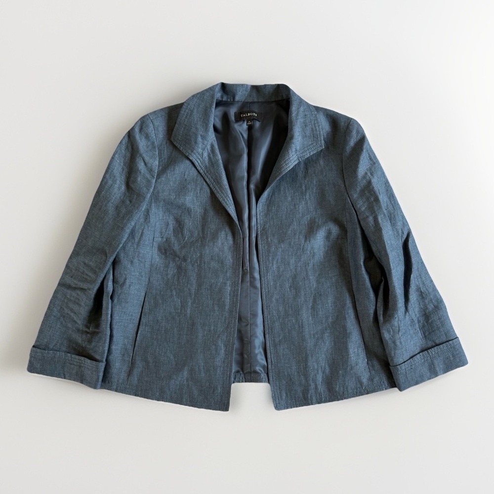 Talbots Cropped 100% Linen Blazer 14 XL Blue Structured Boxy Flyaway